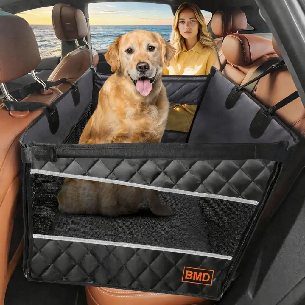 BMD Waterproof Dog Backseat Cover, Breathable Backseat Hammock, Foldable Easy to Install with Mesh Window & Storage Pocket For Car/SUV/Truck interior accessory, Pet Travel Essentials, Back Dirt-resistant, Non-slip Accessories, cool dog stuff, Pet Supply