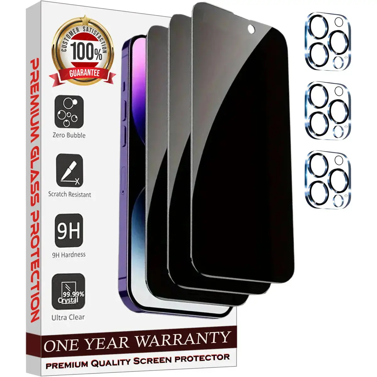 Entronix 6-Pack for iPhone 16 Pro, 3 Anti-Spy Privacy Tempered Glass Screen Protectors & 3 Camera Lens Protectors Protection Smartphone