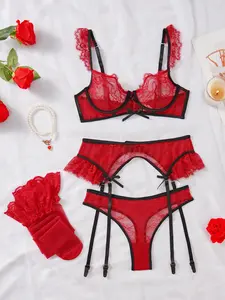 Christmas Five-Piece Set, Sexy Lace Underwear, Adjustable Bra and Thigh Garters, Romantic Midnight Socks, Perfect for Private Parties