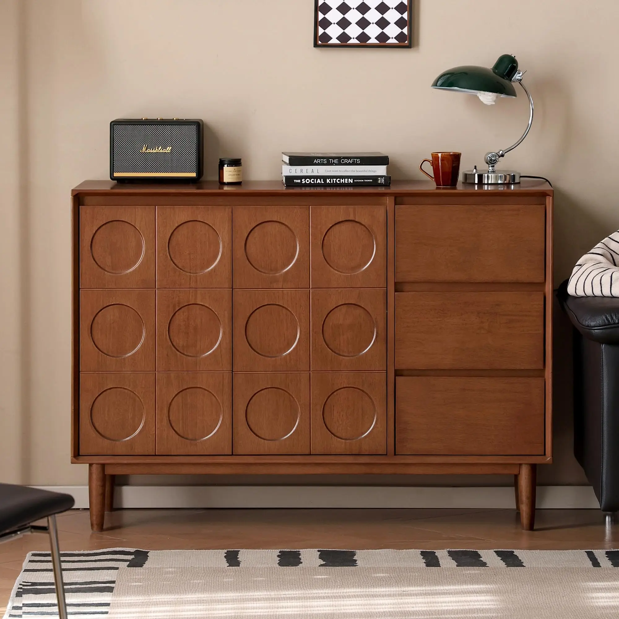 Wayshome Mid-Century 47'' Solid Rubberwood Sideboard Buffet Cabinet - 3 Drawers, Double Doors, Sturdy, Durable, Space Saving Furniture, Recessed Base, Easy Assembly & Quality Details, Teak Deep Cherry Wood Storage for Kitchen, Dining Room
