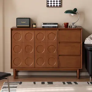 Wayshome Mid-Century Sideboard Buffet Cabinet with 3 Drawers & Double Doors, Solid Rubberwood Storage Cabinet, 47'' Bar Cabinet for Kitchen, Dining Room, Entryway, Living Room, Teak deep cherry wood furniture