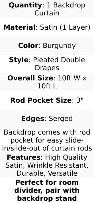 Burgundy Double Drape Pleated Satin Divider Backdrop Curtain Panel, Glossy Photo Booth Event Drapes - 10ftx10ft