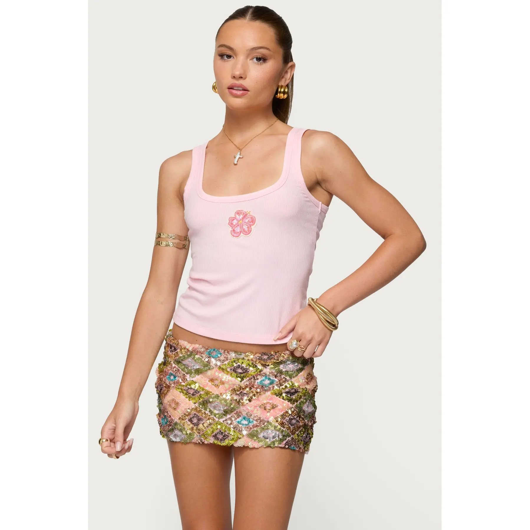 Steffy Beaded Flower Ribbed Top