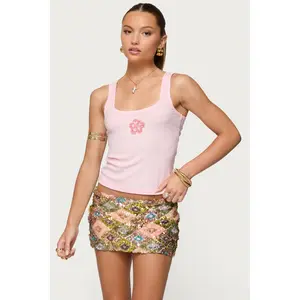 Steffy Beaded Flower Ribbed Top