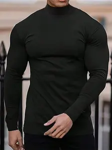 New Men's Solid Color Plain Casual Fitted High Neck Turtleneck Long Sleeve T-Shirts, Autumn Tees, Fall Clothes, Spring Tops, Menswear
