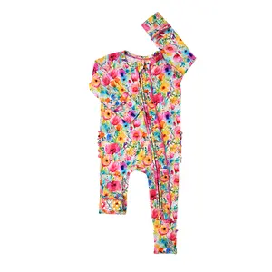 Ariana RUFFLE ZIP Super Soft & Comfortable 2-Way Zipper Bamboo Viscose Romper with Mitten Cuffs & Fold-Over Feet for Newborn to 24M
