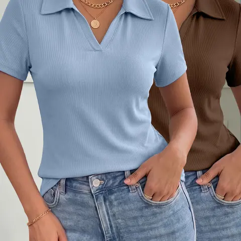 Women's Ribbed Polo Shirt 2-Pack, Short Sleeve Collared Fitted Top Solid Color Lightweight Breathable Knitwear, All Seasons, Polo Neck Knit