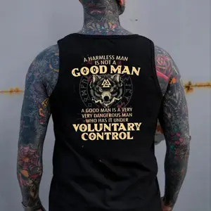Viking, Norse, Gym, A harmless man is not a good man Black Print Tank Top- Tattoo Street Wear Casual Cotton Shirt, Unisex, Minimalist Style, Trending for Men & Women