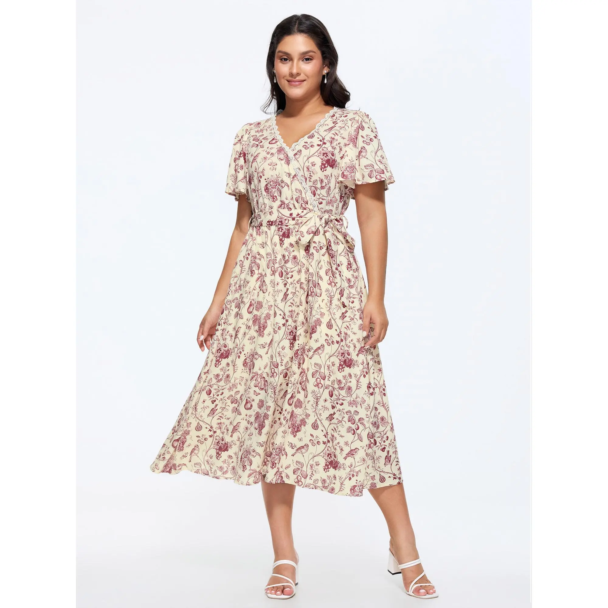 BloomChic Women's Plus Size Burgundy Floral Maxi Dress - Casual Wear, Short Sleeves, Lacy Neckline, Belt, Pockets, Smooth Rayon-Cotton Blend Fabric, Flattering Fit, Pull-On, Summer, Low Iron, Ready to Wear, Cold Wash, Do Not Tumble Dry, Pull-On Belt, Plus