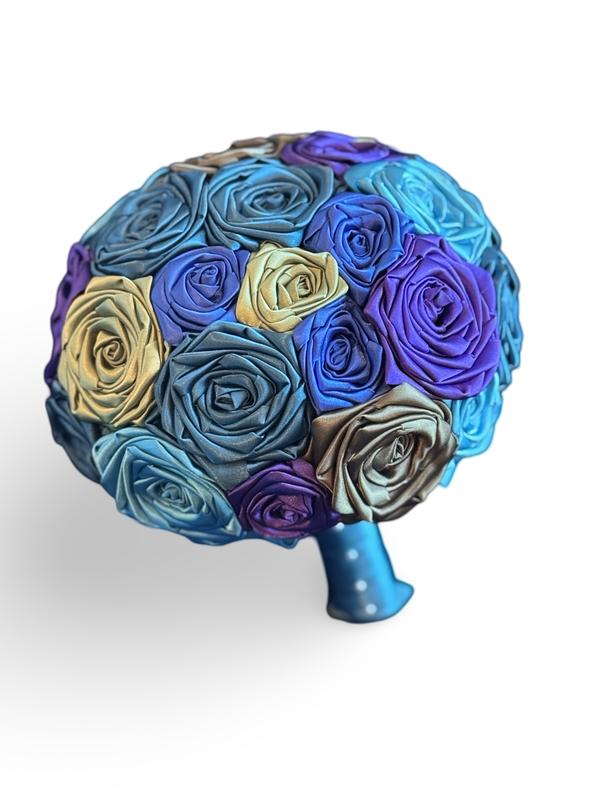Anna Rose’s Bouquet | Teal, Turquoise, Purple, Lime, Olive Green, & Royal Blue | Peacock Themed Wedding | Handmade Satin Rose Bouquet | Bride Bouquet | Traditional Wedding Bouquet
