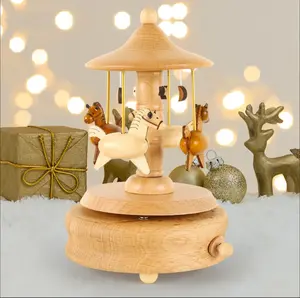 【February Faves】Carousel Music Box Wooden Merry-Go-Round Horse Musical Box Turn Horse Shaped Wood Crafts Birthday Christmas Gifts Home Decor