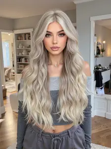 Wave Wig Long Bangs 26 Inch Natural Look, Daily Wear & Special Occasions, Fashionable Elegant Curly Hairpiece for Women, All Seasons, Synthetic Fiber Wig