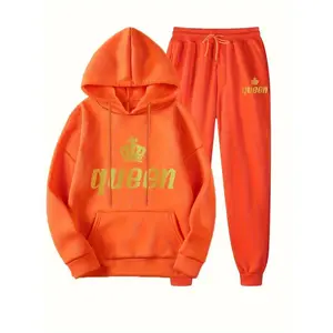 Plus Size sporty Outfits Two Piece Set, Women's Plus Letter & Crown Print Long Sleeve Drawstring Hoodie & Joggers Outfits 2 Piece Set