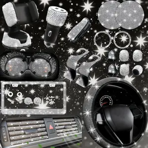 Bling Car Accessories Set for Women 27-Piece Glamour Kit with 15" Steering Wheel Cover License Plate Frame Phone Holder & Coasters Universal Fit High-Shine Rhinestone Accents Decoration