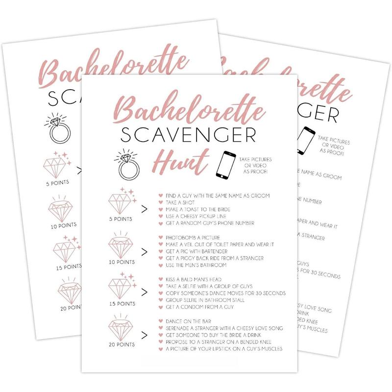 25 White Bachelorette Scavenger Hunt Party , Drinking  and Dares, Fun Novelty Cards for Girls Night Out