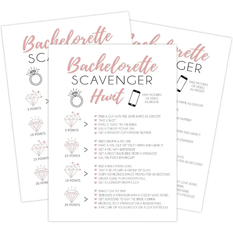25 White Bachelorette Scavenger Hunt Party , Drinking  and Dares, Fun Novelty Cards for Girls Night Out