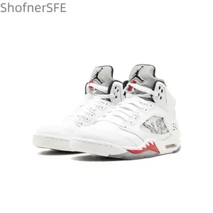 White Retro Anti-Slip Wear-Resistant Basketball Shoes for Men with Red Accents and 94 Logo