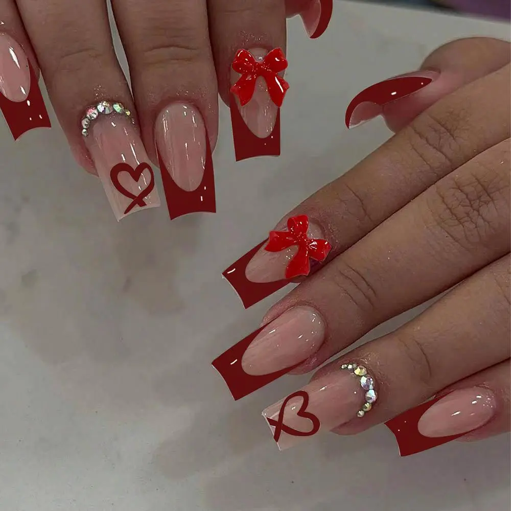 24Pcs/Set Press on Nails Long square red French Acrylic nails tips pink bow tie & Heart-shaped Pattern With rhinestones Design F