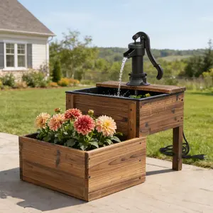Outdoor water dispenser, carbonized solid wood vintage water pump fountain with planter box, plug-in electric decorative hand pump, suitable for planting flowers, herbs and other plants, outdoor waterscape decoration for gardens, patios and backyards