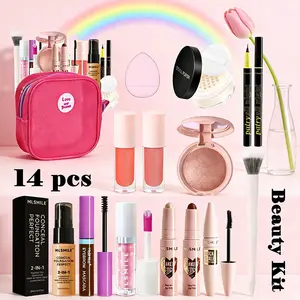 Pride Month Beauty Set, 14-Piece Makeup Kit with Blush Liquid Highlighter Powder Foundation Eyebrow Gel, Rainbow Gift for Women