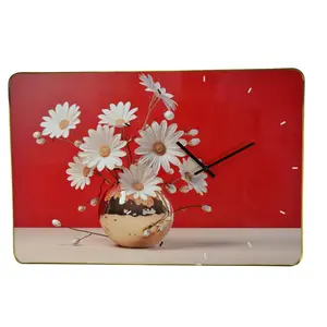 Rectangular Large Wall Clock Featuring  White Daisy Flowers and Red Background with Gold Frame
