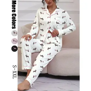 Women’s Cute Sausage Dog Print Pajama Set, Long-Sleeve Lapel Shirt & Elastic Pants, Casual Fall & Winter Sleepwear Loungewear