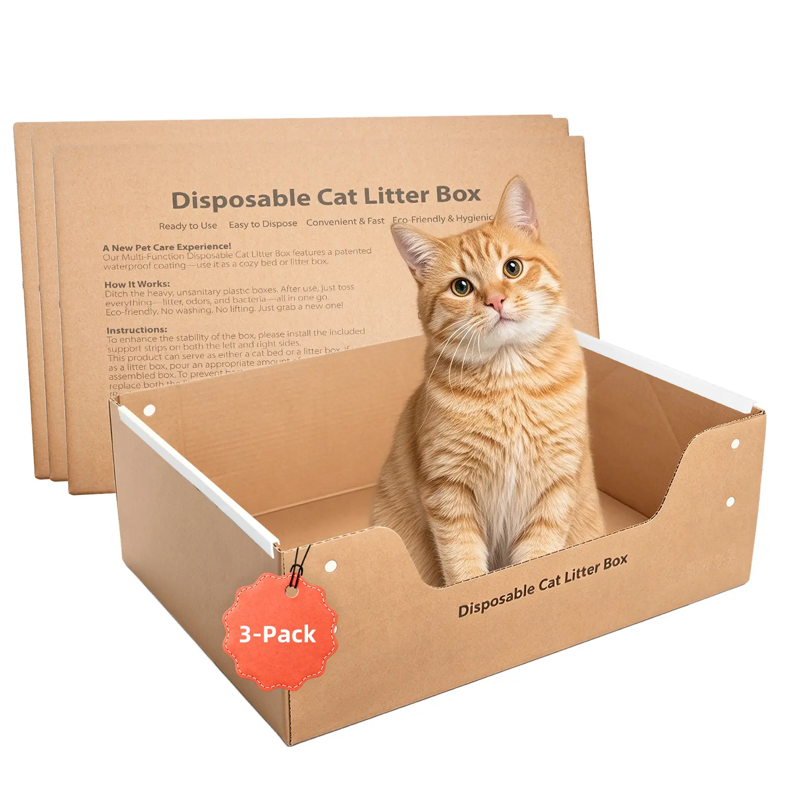 3-Pack Disposable Cat Litter Boxes, Leakproof High-Sided Litter Pans, X-Large Foldable Travel Cat Toilets with Low Entry Design