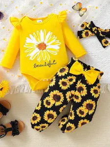 Three-piece Set Toddler Girl's Daisy Print Bodysuit & Pants & Bow Decor Headband Set, Cute Casual Long Sleeve Bodysuit & Trousers & Hair Band for Spring & Fall, Kids Clothes for Daily Wear, Baby Clothing Outfit