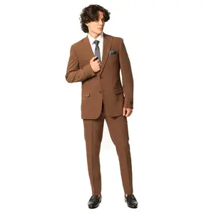 Slim Fit 2 Button Rust Brown Peak Lapel Semi Stretch Mens Suit 9936