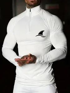 Men's White Shark Graphic 1/4 Zip Compression Shirt, Long Sleeve Athletic Workout Top, Slim Fit Gym Shirt for Running, Training & Daily Wear, Sporty T Shirt