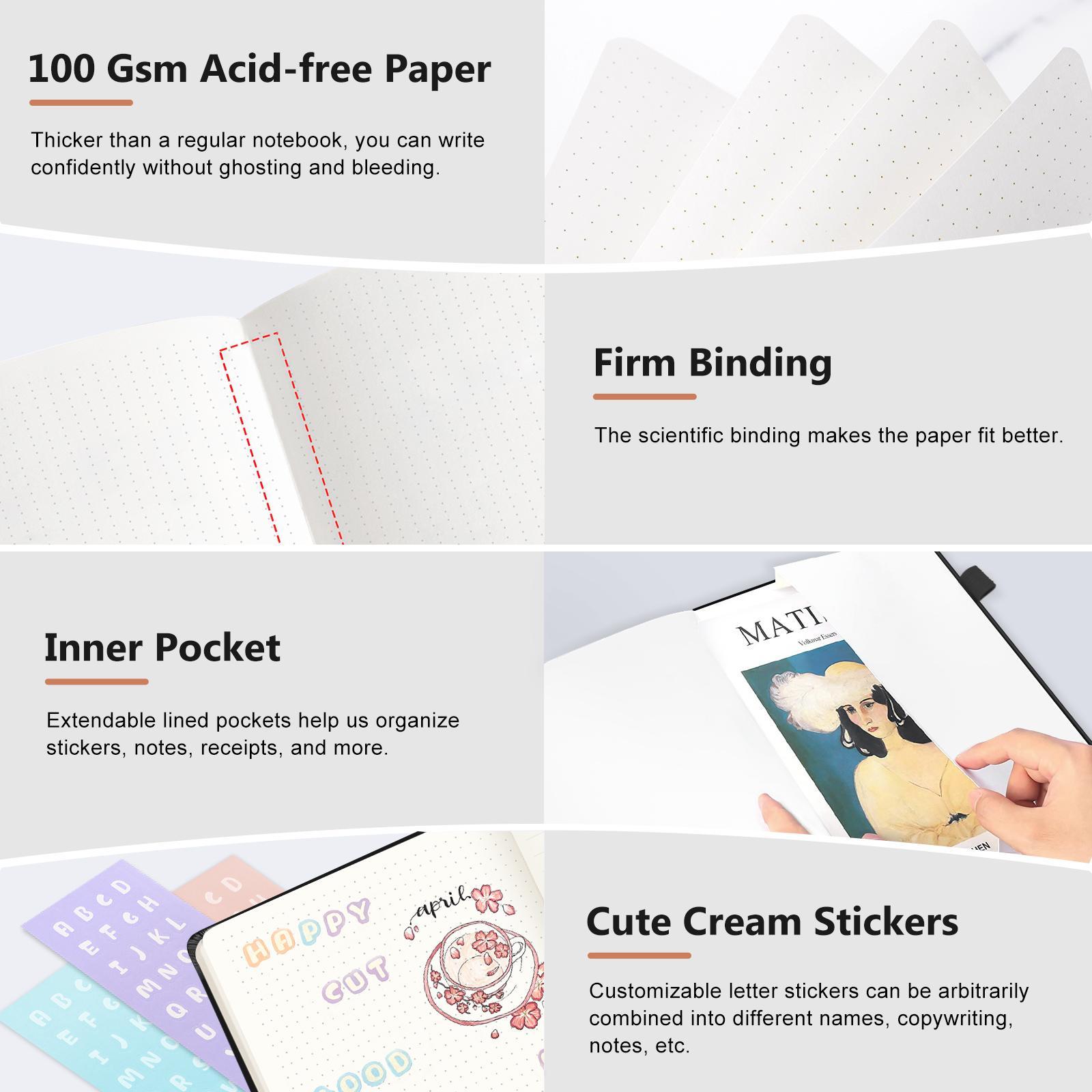 Dot matrix notebook, 5.7" x 8.3" hardcover leather notebook, medium size, 100 GSM thick paper