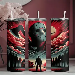 20 Ounce Insulated Stainless Steel Water Bottle Featuring Jason Voorhees Design Ideal for Halloween Celebrations with Straw Included