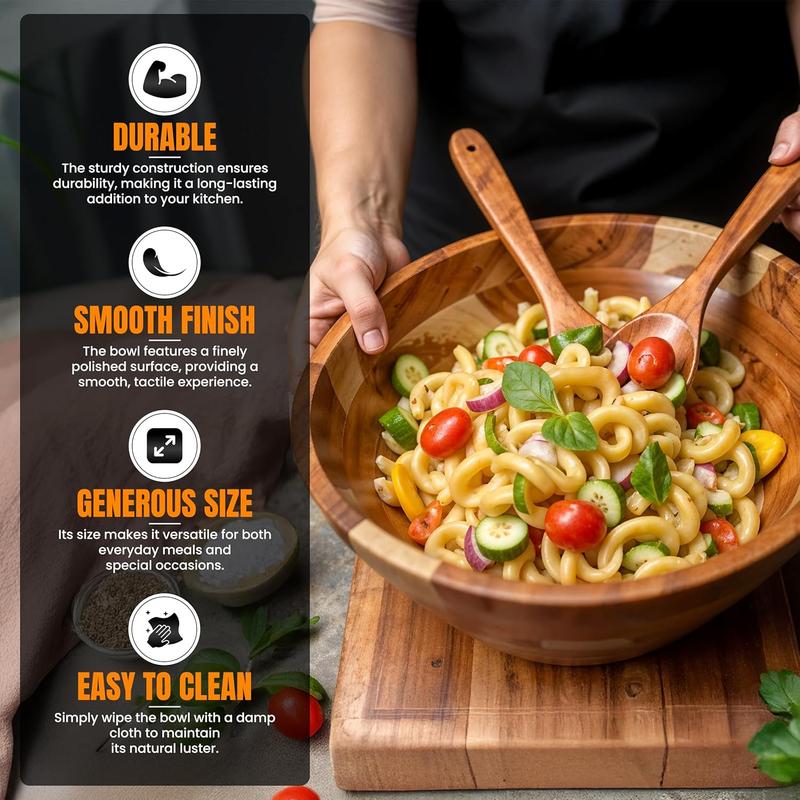 Large Acacia Wood Mixing Bowl with 2 Serving Spoons - 12.5" | Handcrafted Rustic Ceaser Salad Serving Bowl Set, Fruit Bowl, Eco-Friendly & Durable Wooden Utensils for Kitchen Use Aesthetic Tableware