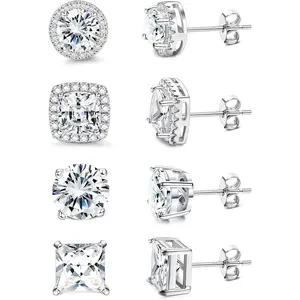 Jstyle 4Pairs Cubic Zirconia Stud Earrings Hypoallergenic Sterling Silver Post Earrings | Brilliant Large Simulated Stud Earrings for Women Men Daily