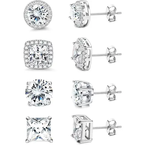 Jstyle 4-Pairs Brilliant Cut Cubic Zirconia Stud Earring Jewelry, Hypoallergenic Sterling Silver 9.5mm Post, High Quality Shining Earrings, Unisex Daily Wear Fashion Costume Jewelry Accessories