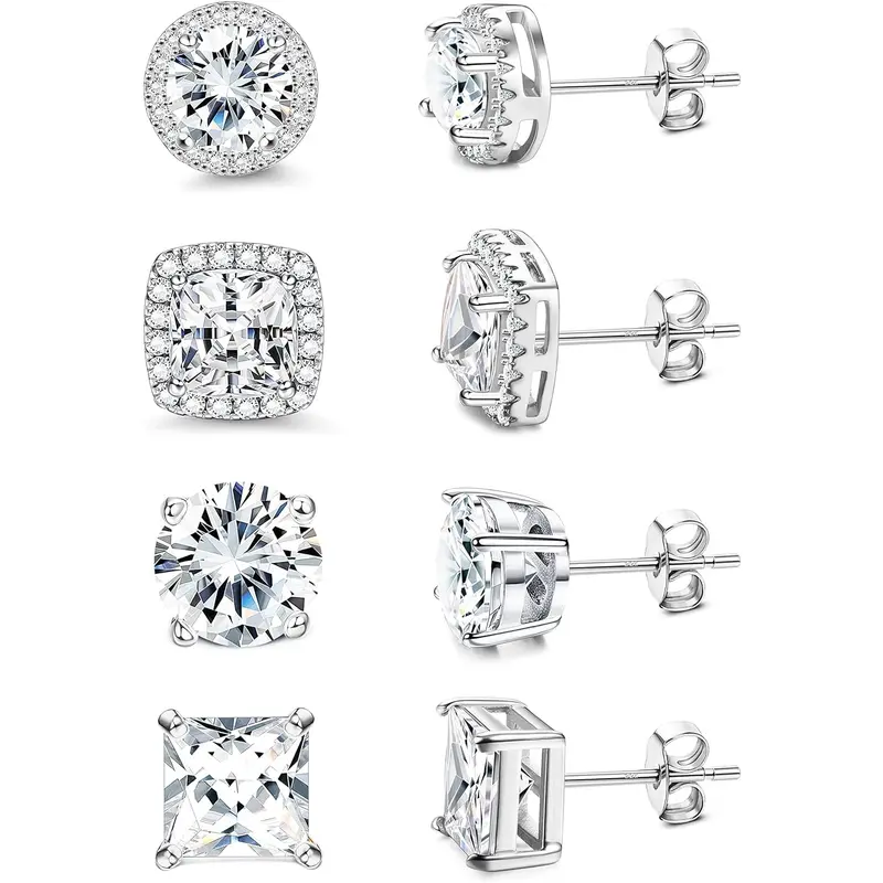 Jstyle 4-Pairs Brilliant Cut Cubic Zirconia Stud Earring Jewelry, Hypoallergenic Sterling Silver 9.5mm Post, High Quality Shining Earrings, Unisex Daily Wear Fashion Costume Jewelry Accessories