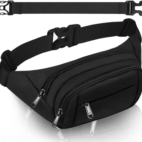 Large Fanny Pack for Women Men, Waist bag with 4-Zipper Pockets, Gifts for Enjoy Sports Traveling Workout Casual Hands-Free crossbody bags Fits MAX 7.9'' iPad & 6.6'' Phone Black