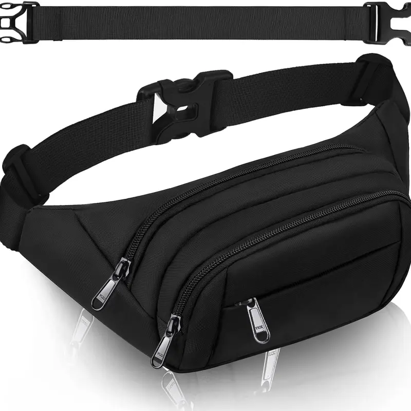 Large Fanny Pack for Women Men, Waist bag with 4-Zipper Pockets, Gifts for Enjoy Sports Traveling Workout Casual Hands-Free crossbody bags Fits MAX 7.9'' iPad & 6.6'' Phone Black