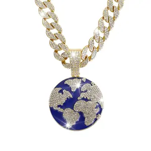 New Enamel Hip-Hop Planet Earth Pendant Cuban Link Necklace for Men - Stylish Eco-Friendly Alloy Jewelry Streetwear Full-Crystal Thick Chain Trendy Outfit Accessory