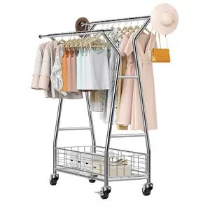 Clothes rack, rolling garment rack with two hanging rods and storage basket, 330 lb load capacity, extendable carbon steel clothes racks with wheels for bedroom, laundry room, living room clothing valet stand