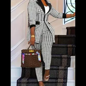 Women's Houndstooth Print Pocket Suit Sets, Business Zipper Blazer & Suit Pants, Ladies' Outfits for All Seasons