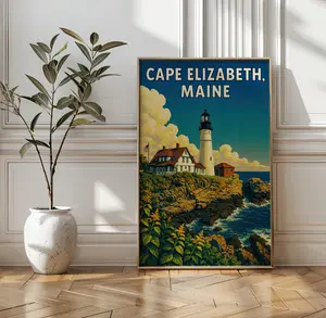 Cape Elizabeth Maine Lighthouse Poster – Portland Head Light Vintage Wall Art