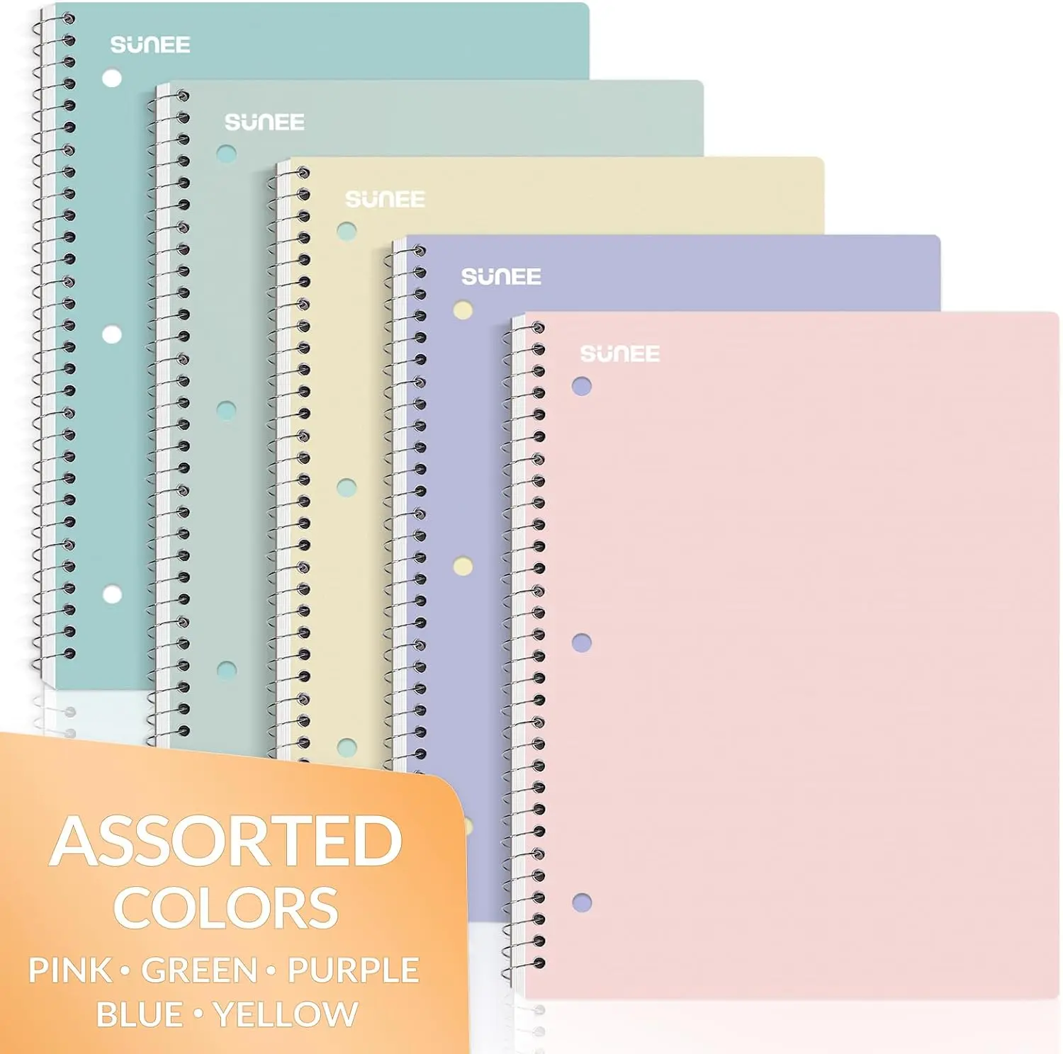 Spiral Notebooks, 1-Subject, 5 Pack, College Ruled Paper, 8" x 10-1/2", 70 Sheets per Notebook,3-Hole Punched Paper, Pink,Purple, Blue, Green, Yellow Spiral Lined Notebooks