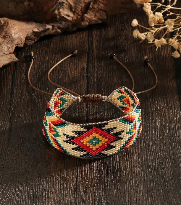 ZHONGVI Unisex Ethnic Bohemian Oversized Beaded Woven Bangle - Tribal Hues, Vintage Colors, Elegant Wrist Candy for Daily Wear, Party Use, Holiday, Bracelet, Party Ready
