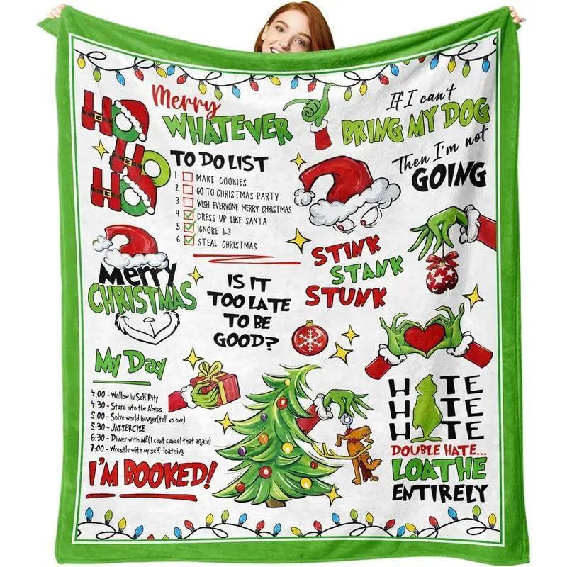 Premium Flannel Warm Blanket - Funny Merry Christmas Green, Lightweight Soft Winter Throw for Bedding, Sofa Home Decor, Family Birthday Kids Gift Idea, One-Piece
