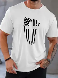 Distressed American Flag Middle Finger Graphic T-Shirt, Patriotic Protest Print Tee, Slim Fit Crew Neck Shirt, Bold Casual Short Sleeve Top, Trendy Streetwear Aesthetic Cotton Tee for Patriotic Americans, Rebellious Style Fans and Streetwear Enthusiasts