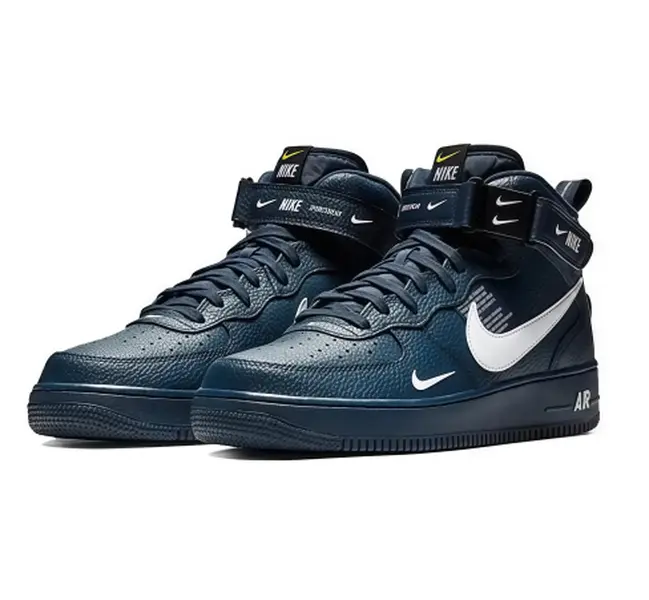 Dark Navy Mid Cut Skate Sneakers, Classic White Logo With Ankle Strap, Trendy Streetwear Shoes, Non Slip Casual Trainers Unisex For All Genders