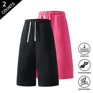 2-Pack Men’s Solid Color Capri Pants Elastic Waist Loose Fit Sports Cropped Pants