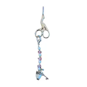 Golden Bird Themed Embroidery Scissors with Handmade Antique Glass Fob Featuring Owl Charm and Key Charm