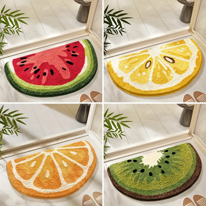 Ultra-Soft Plush DAJIANG Bath Mat - Semi-Circular, Non-Slip, Absorbent with Fruit Patterns (Watermelon, Lemon, Kiwi, Orange) - Perfect for Bathroom Decor & Christmas Gifts Rug 17.7X31.5In/45X80Cm